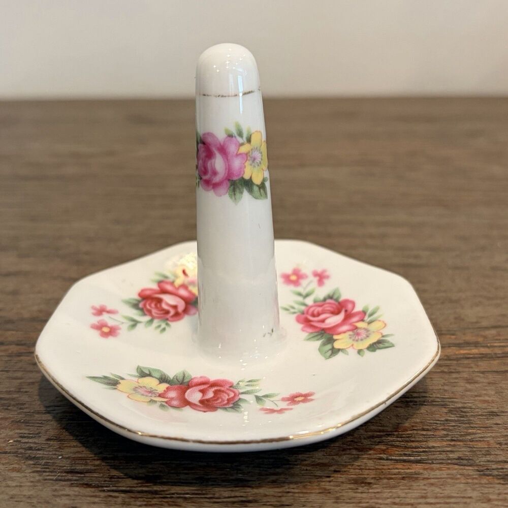 Vintage Porcelain Pink & Yellow Floral Ring Jewelry Holder Gold Trim 3” Tall